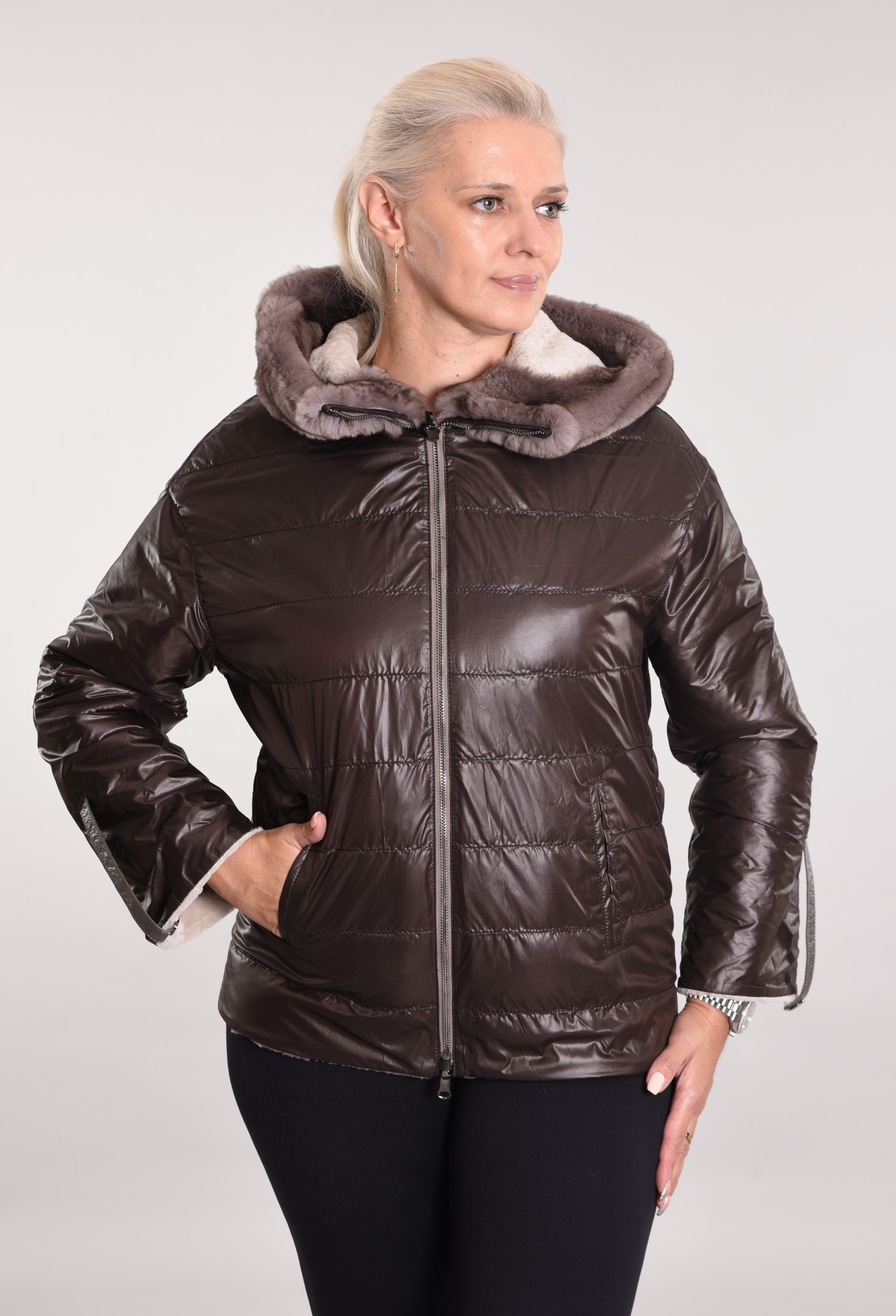 Astragan lined, on the edge of the hood Rex