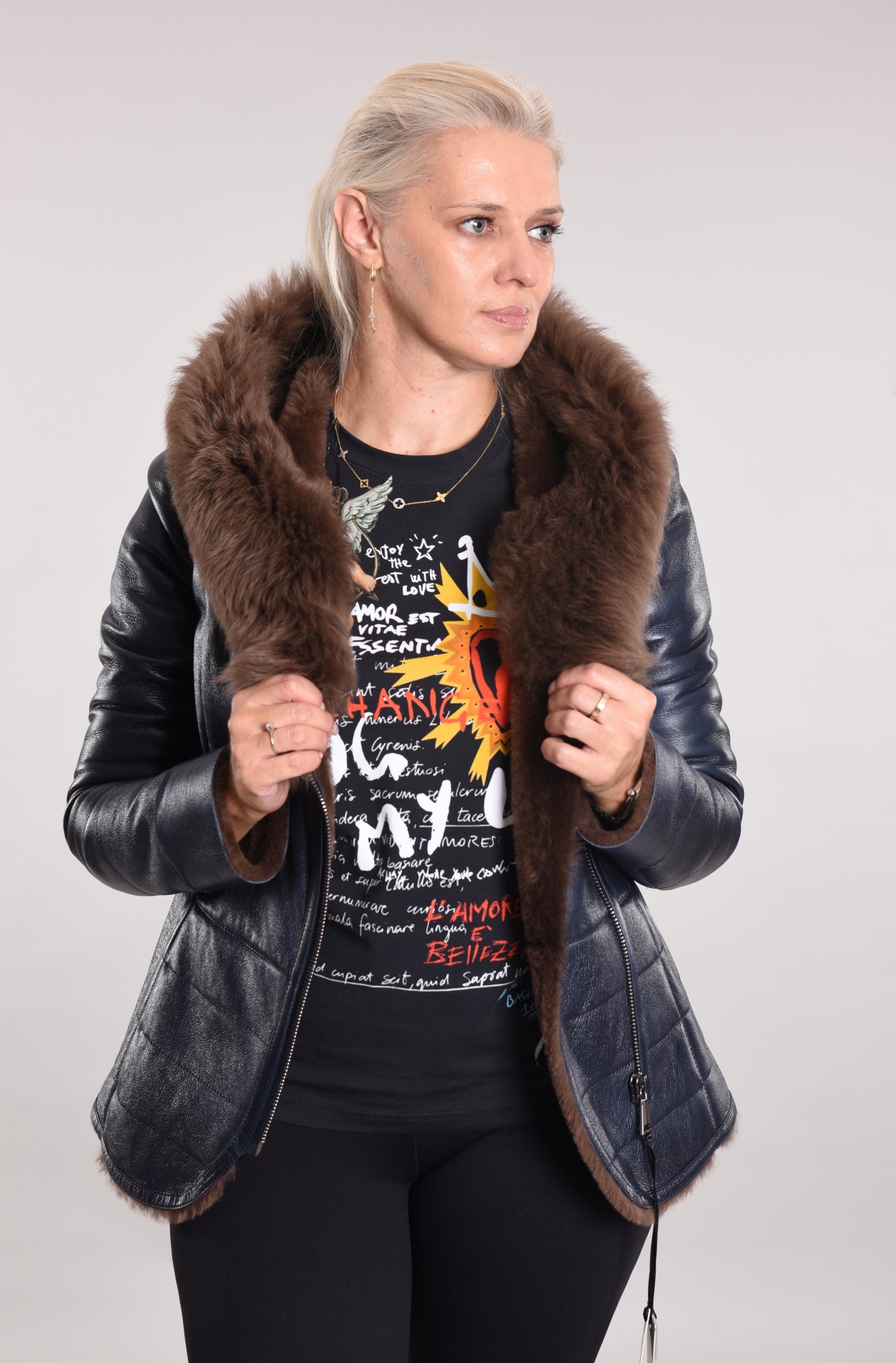 Coated sheepskin coat with hood