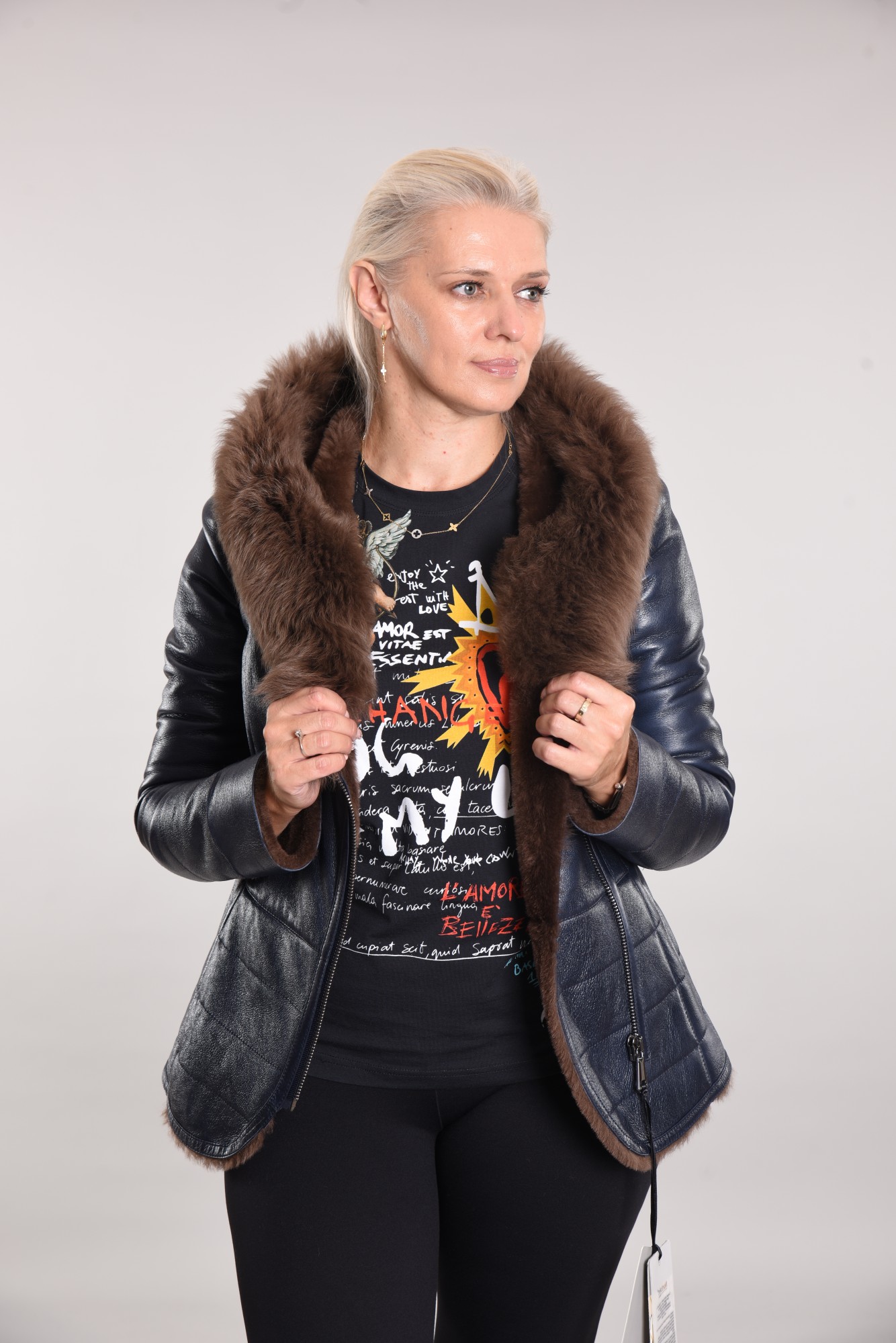 Coated sheepskin coat with hood