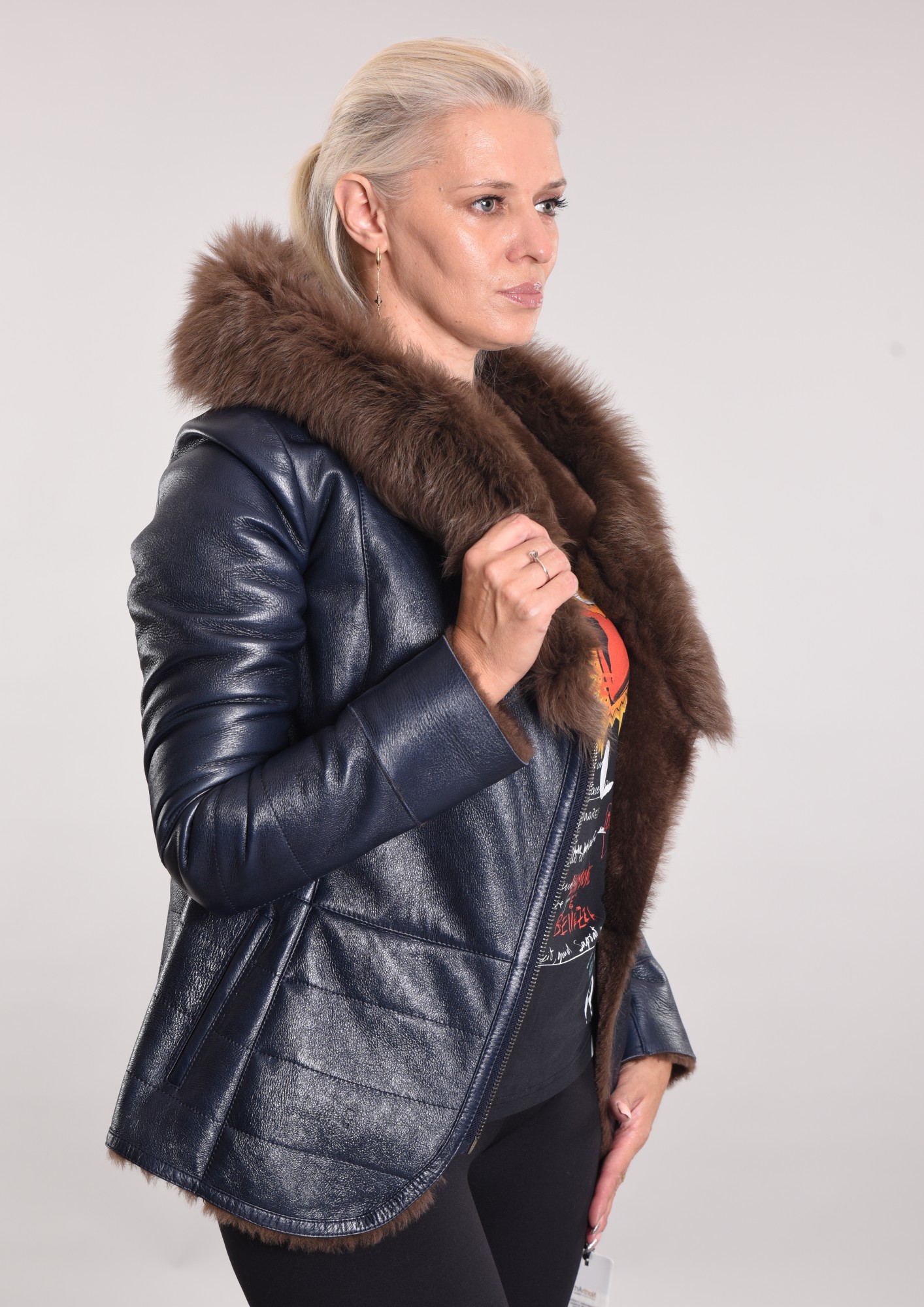 Coated sheepskin coat with hood
