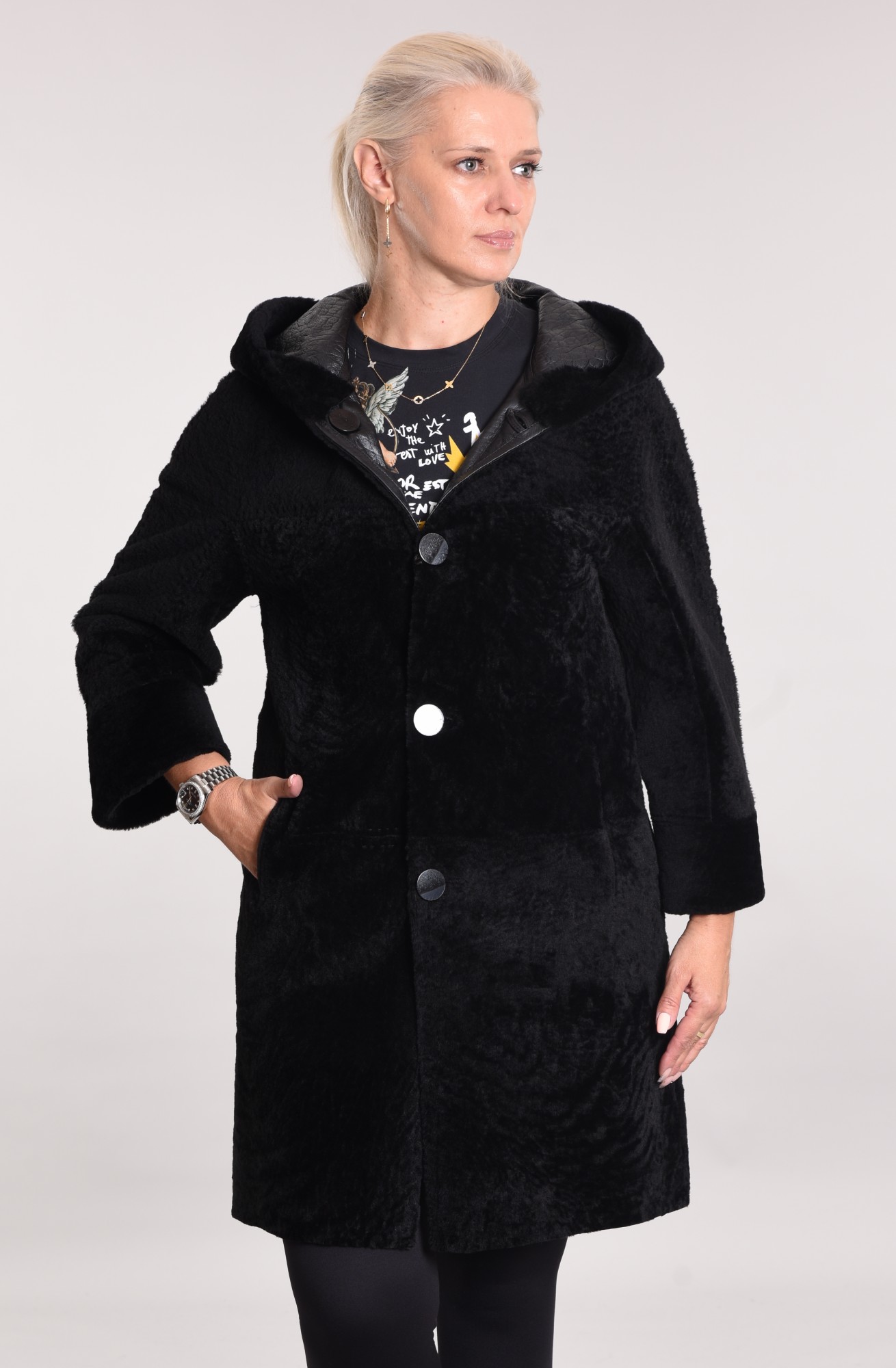 Astragan reversible coated model with hood