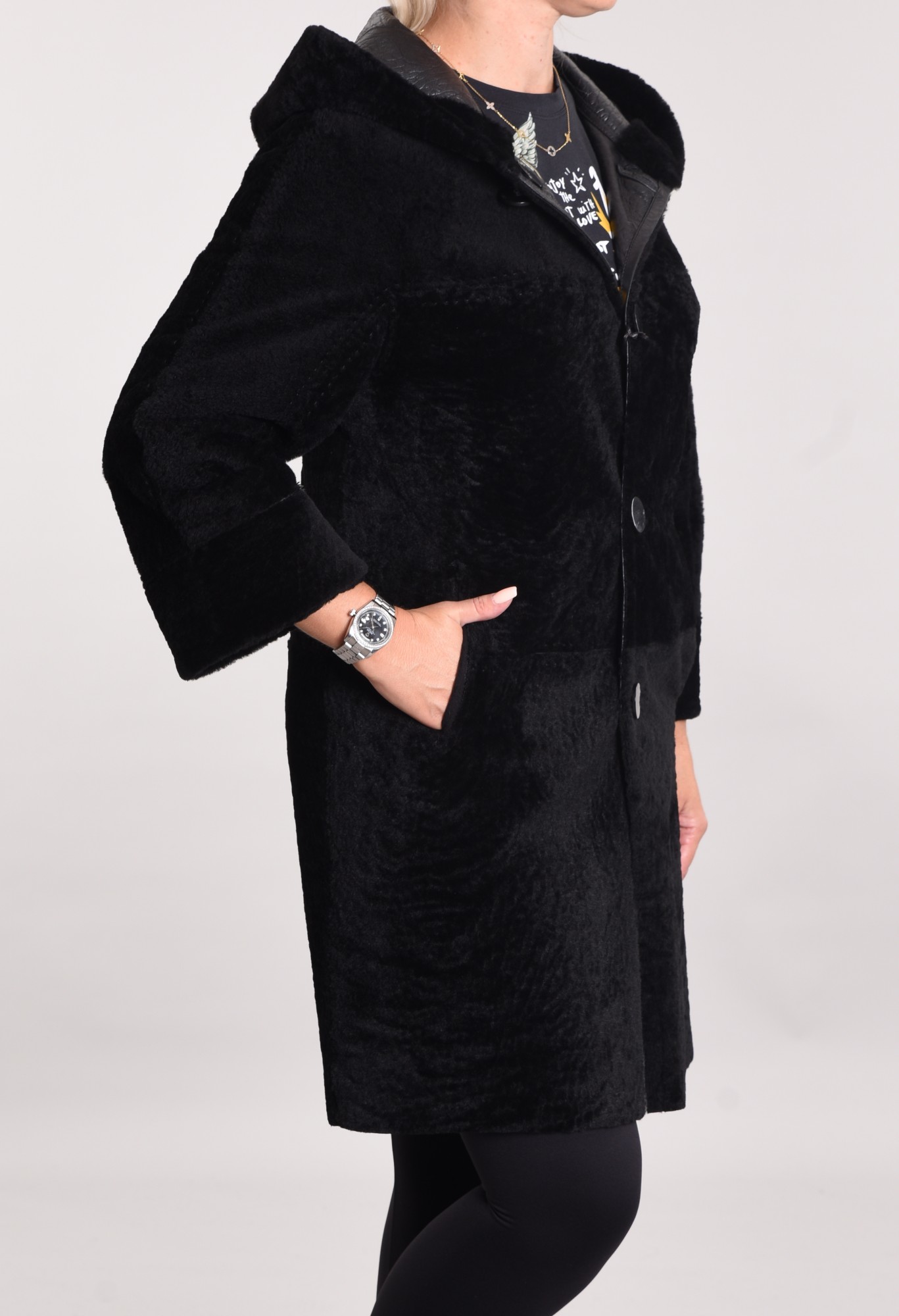 Astragan reversible coated model with hood