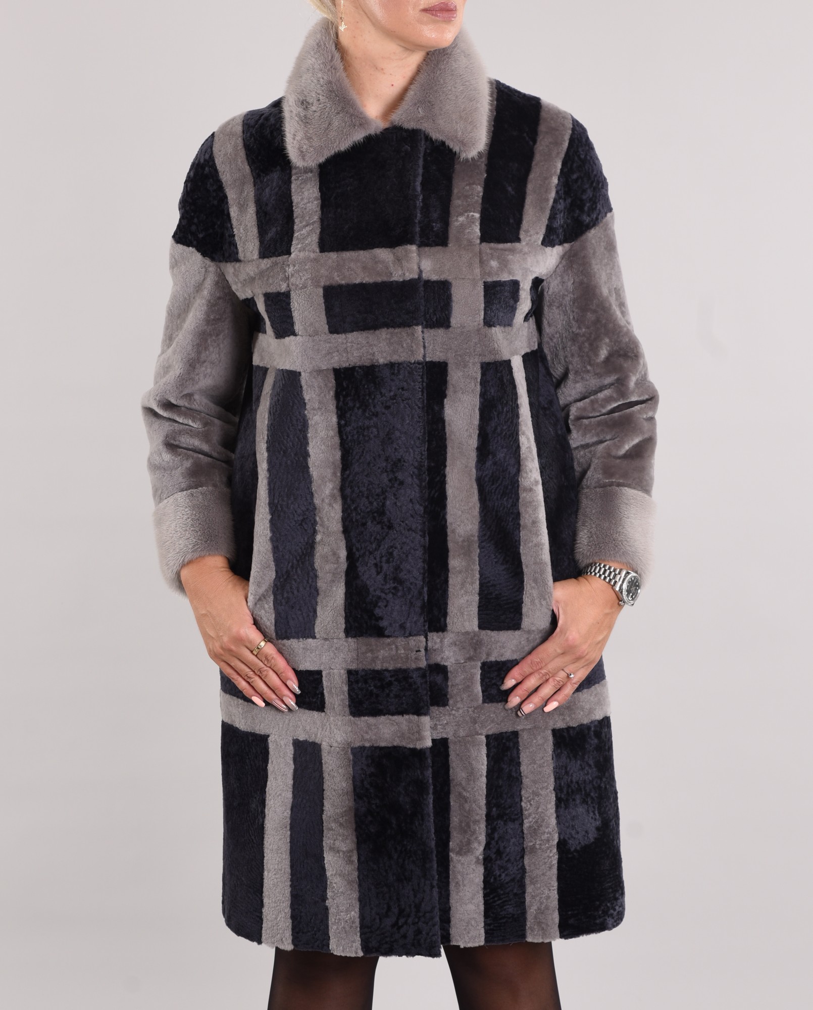 Астраган с покрытием двусторонняя модель, воротник и манжеты норка