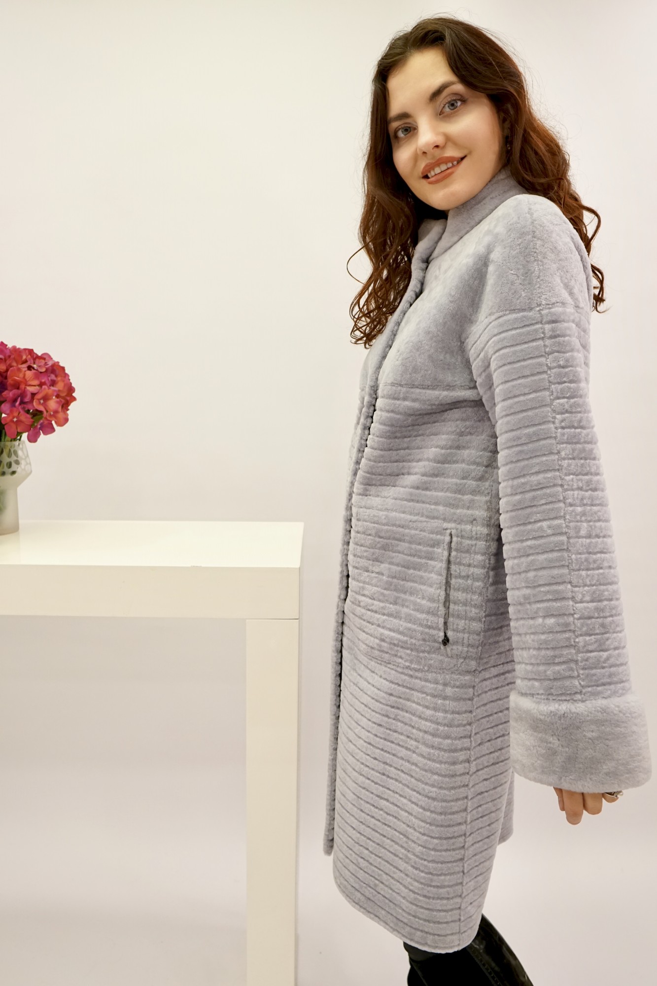 Astragan reversible coated model, stand-up collar and muton cuffs