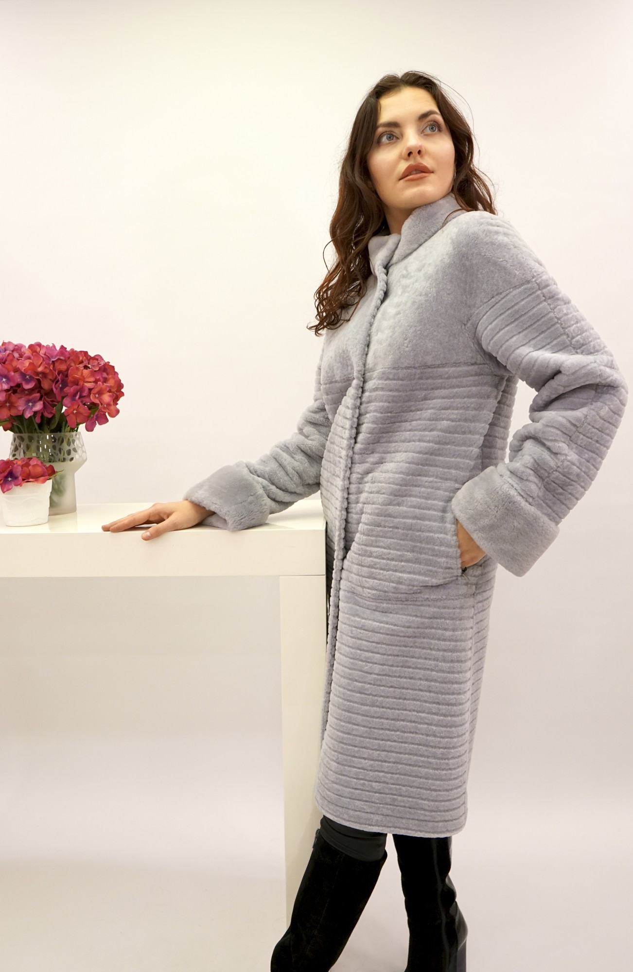 Astragan reversible coated model, stand-up collar and muton cuffs