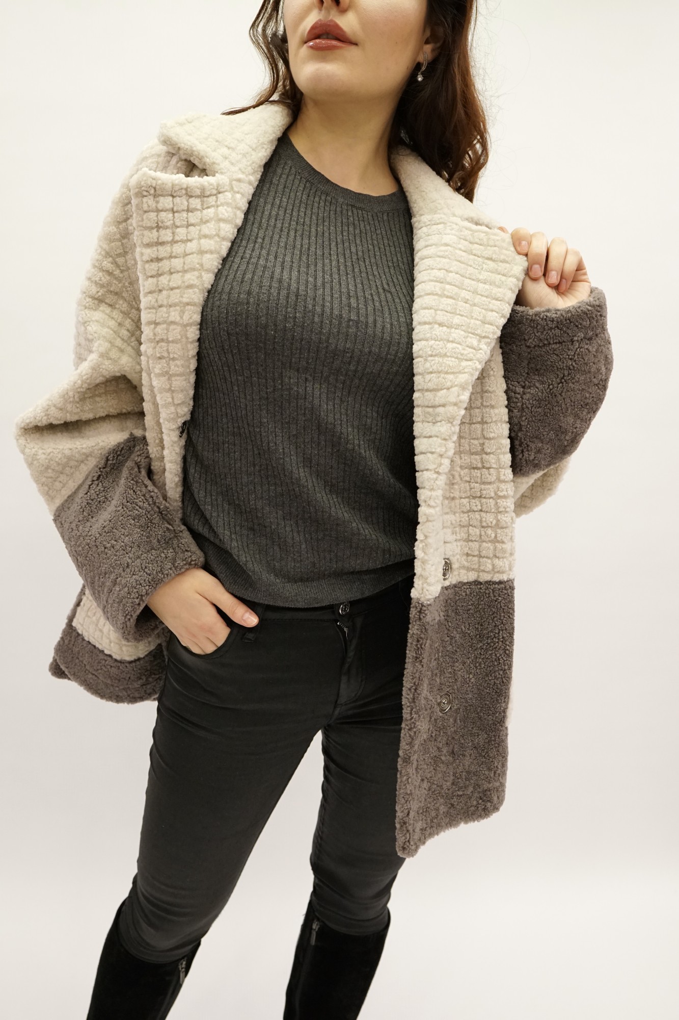 Дублёнка двусторонняя том-кёрли с покрытием, английский воротник