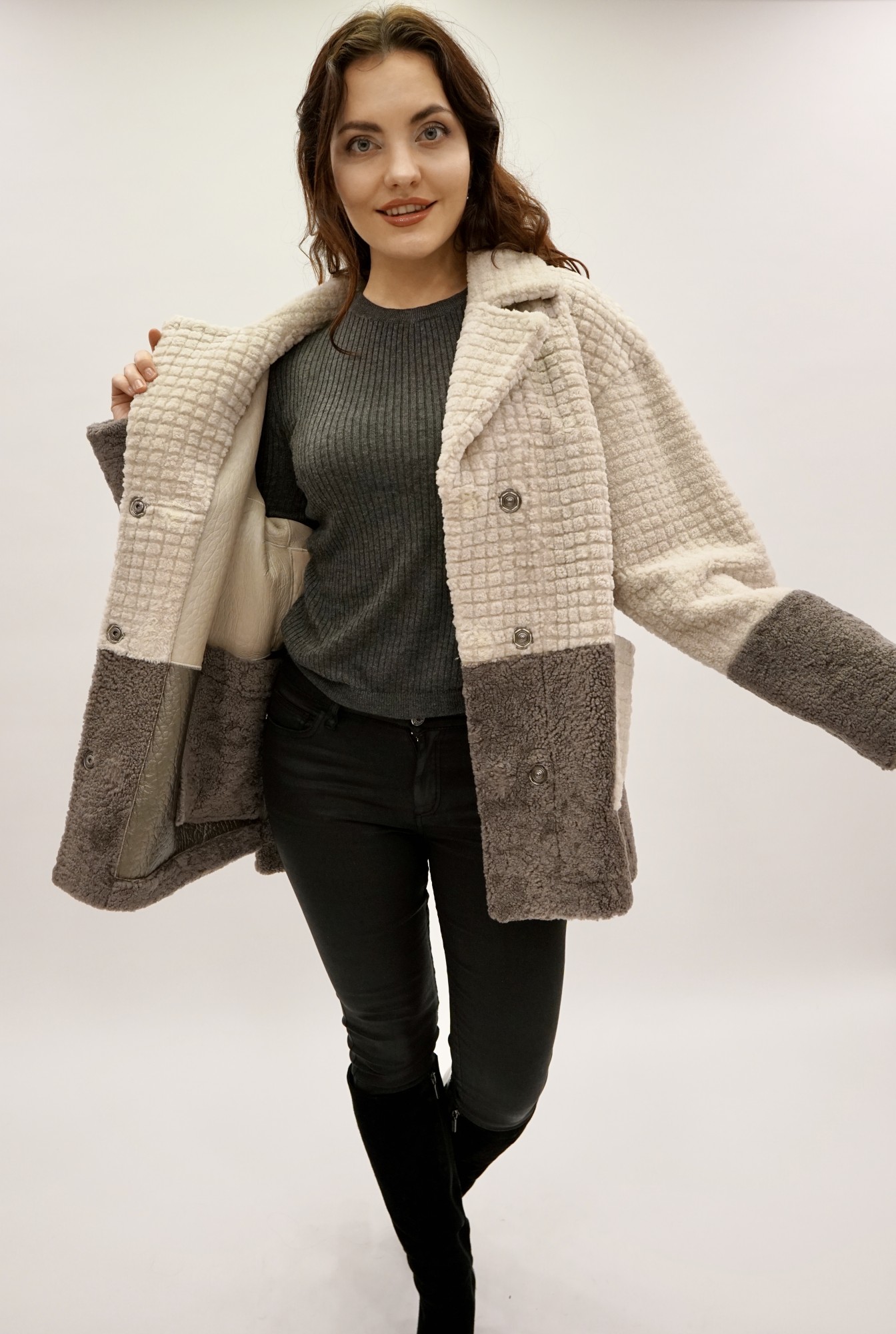 Дублёнка двусторонняя том-кёрли с покрытием, английский воротник