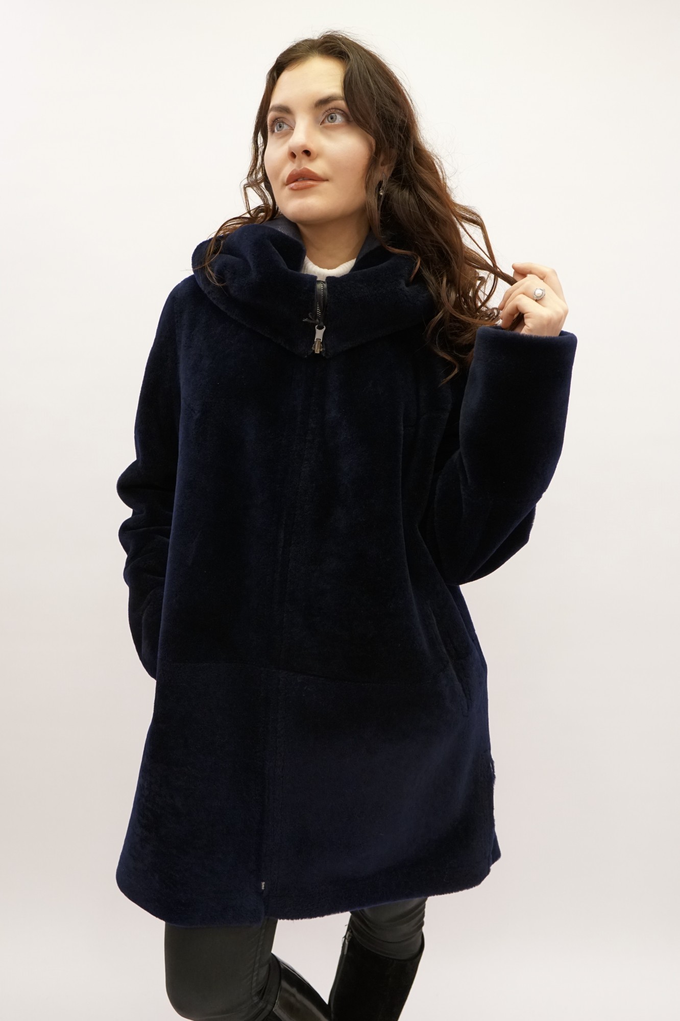 Дублёнка двусторонняя Испанский меринос с покрытием и капюшоном oversize