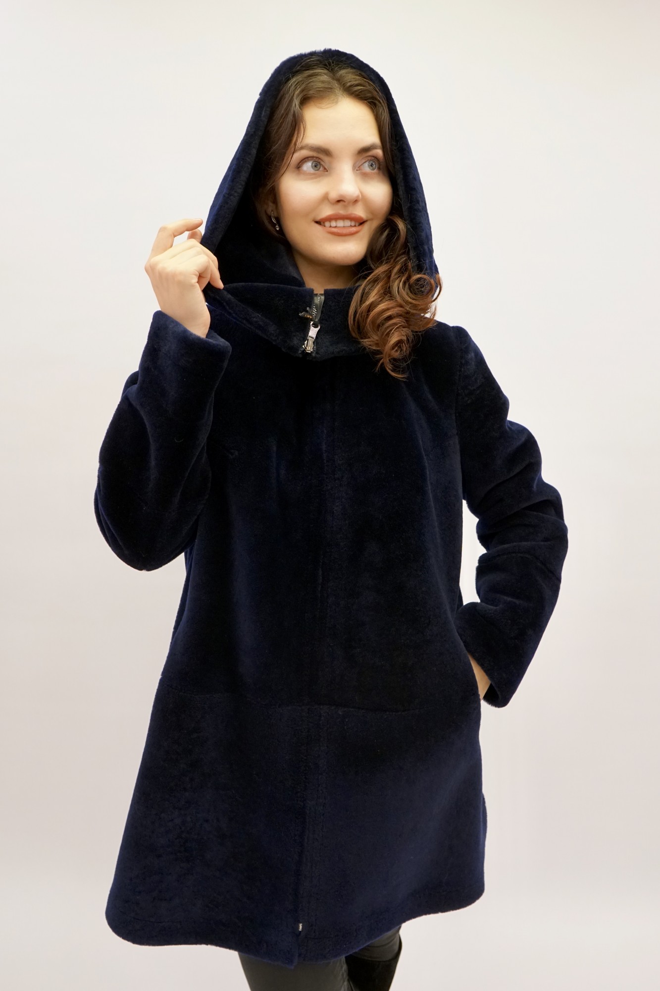 Дублёнка двусторонняя Испанский меринос с покрытием и капюшоном oversize