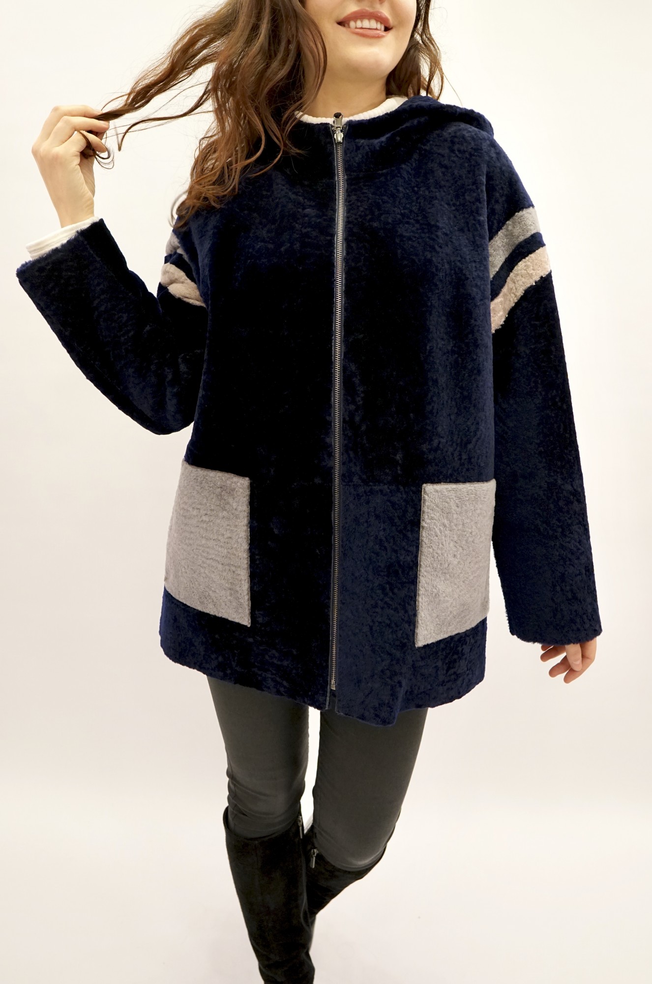 Astragan reversible coated model with hood