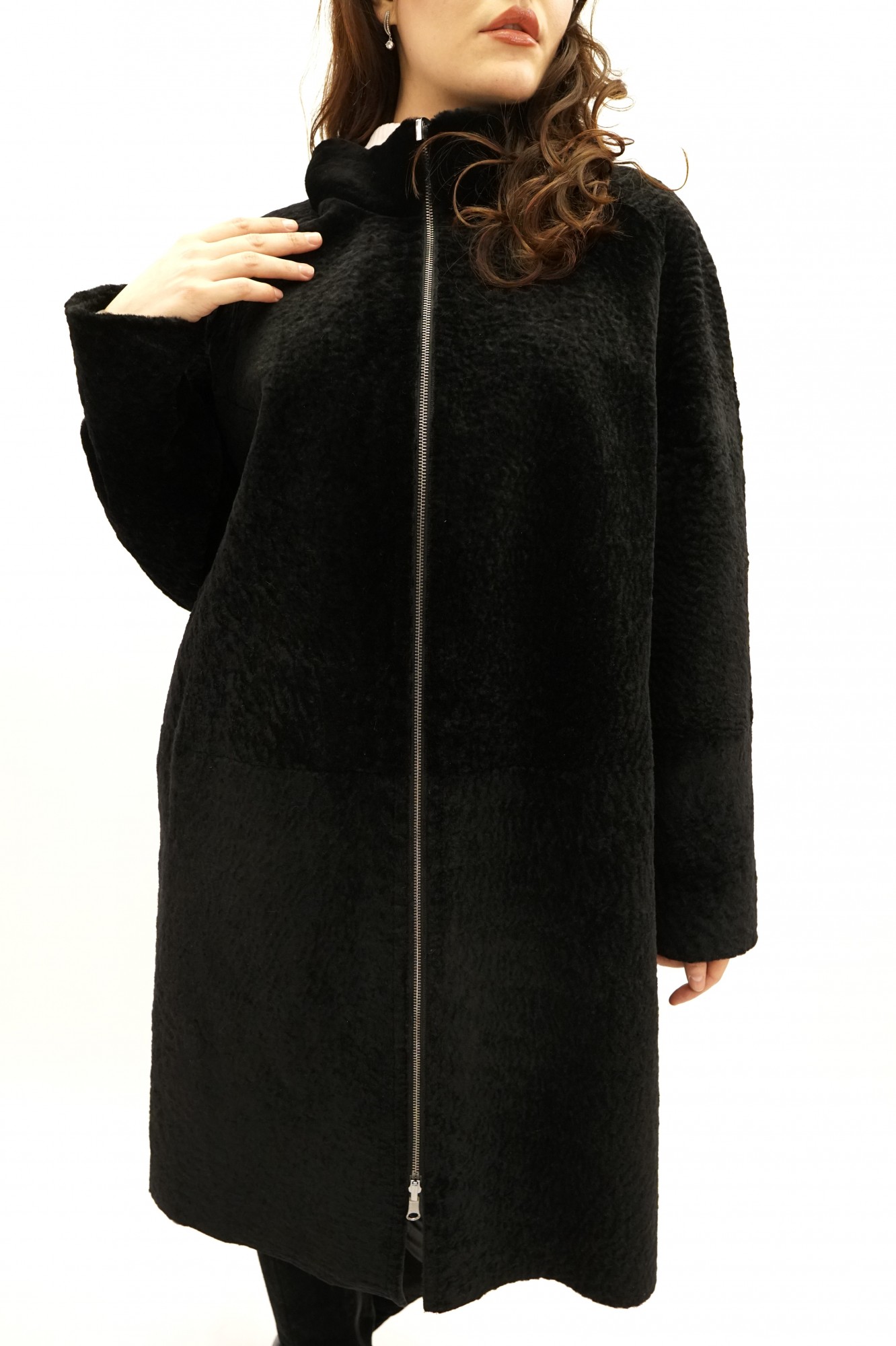 Astragan reversible coated model, stand-up collar muton