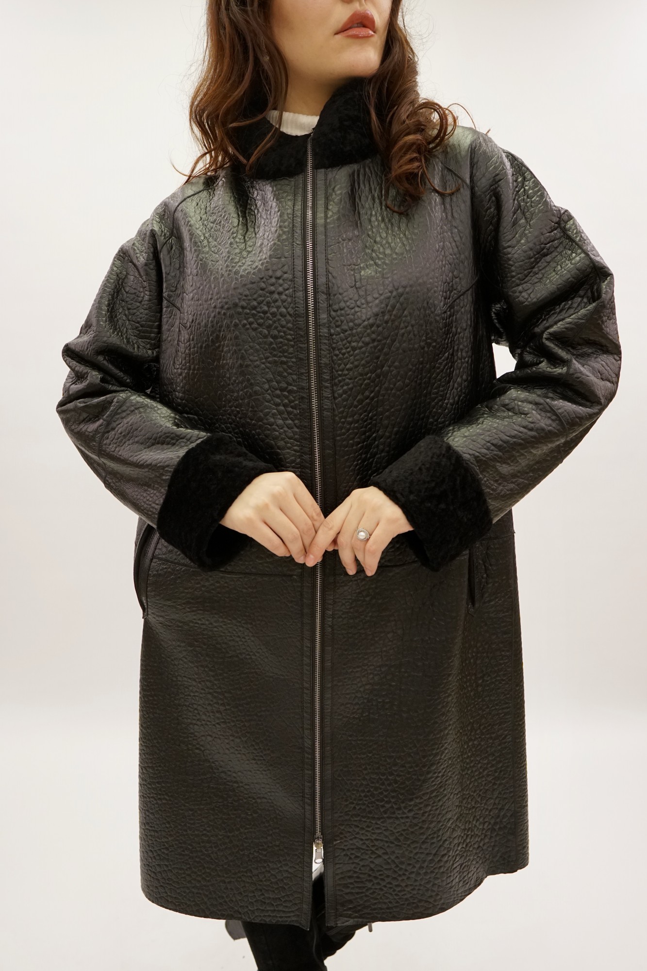 Astragan reversible coated model, stand-up collar muton