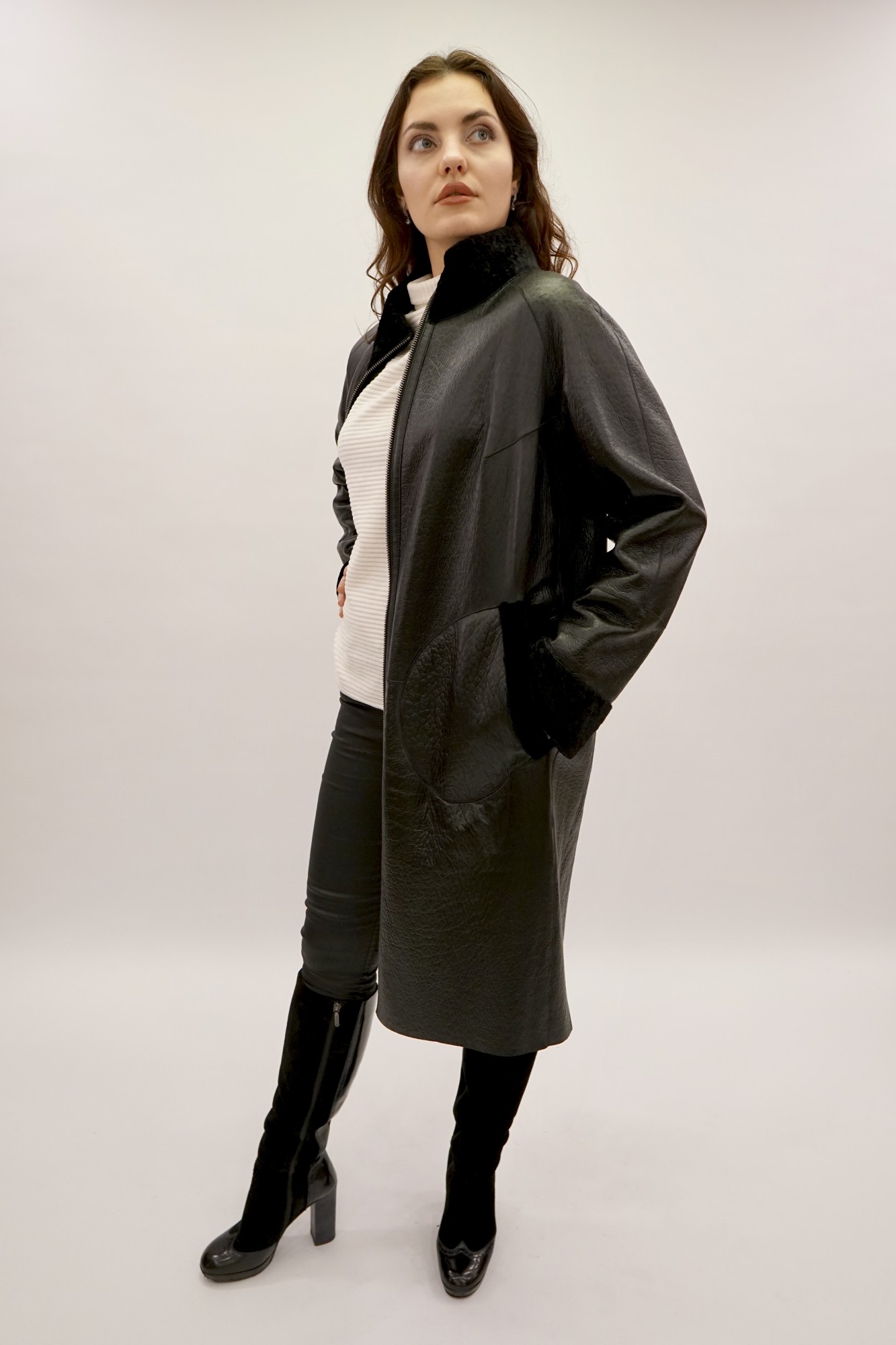 Astragan reversible coated model, stand-up collar muton