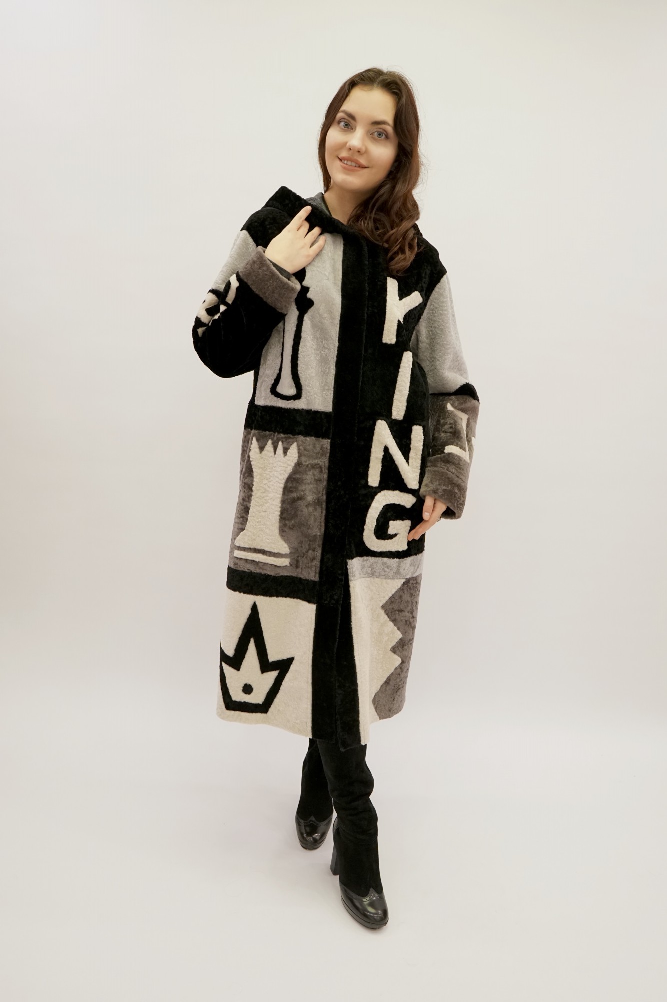 Astragan with a cover and a hood. Oversize