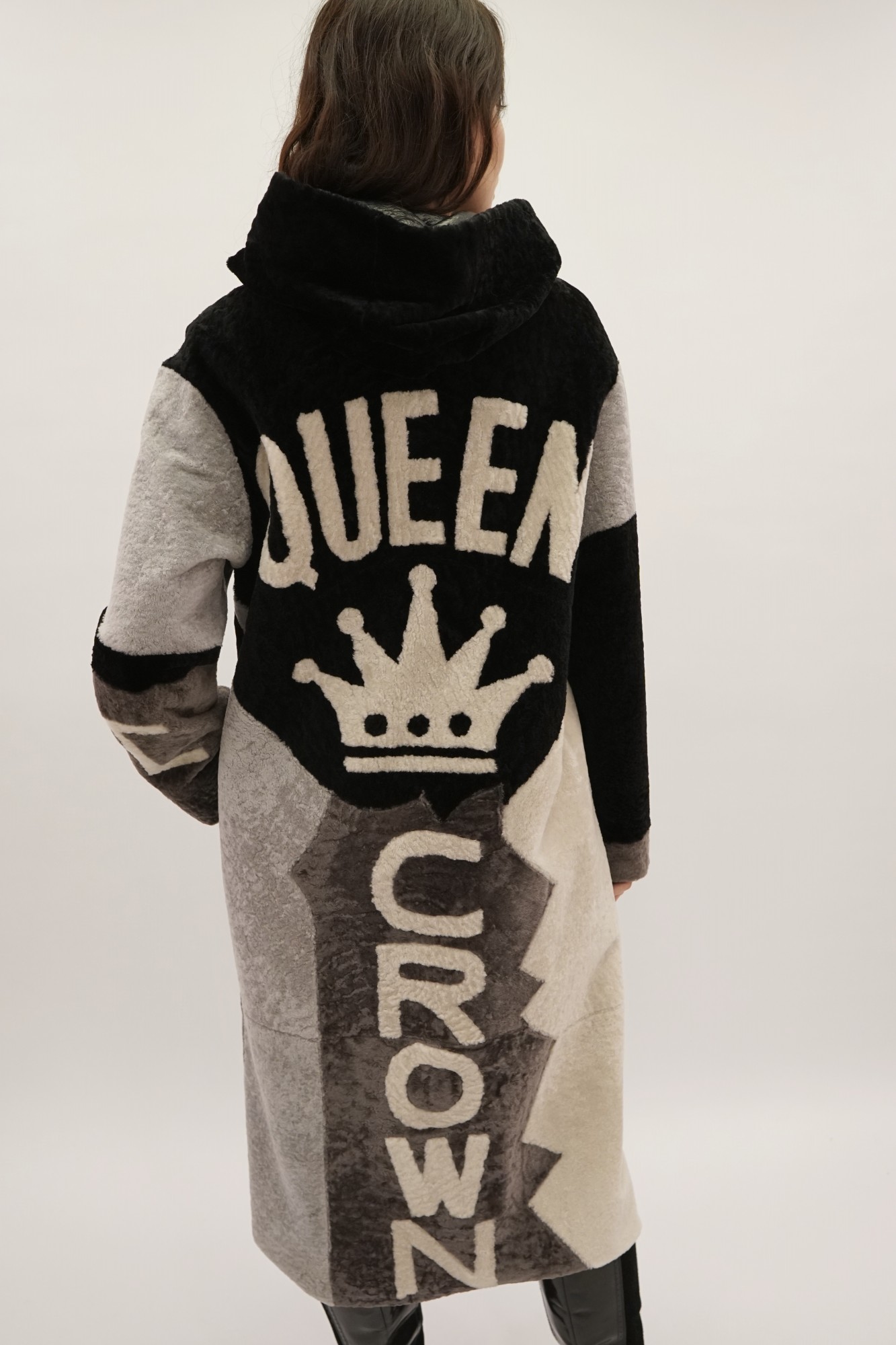 Astragan with a cover and a hood. Oversize