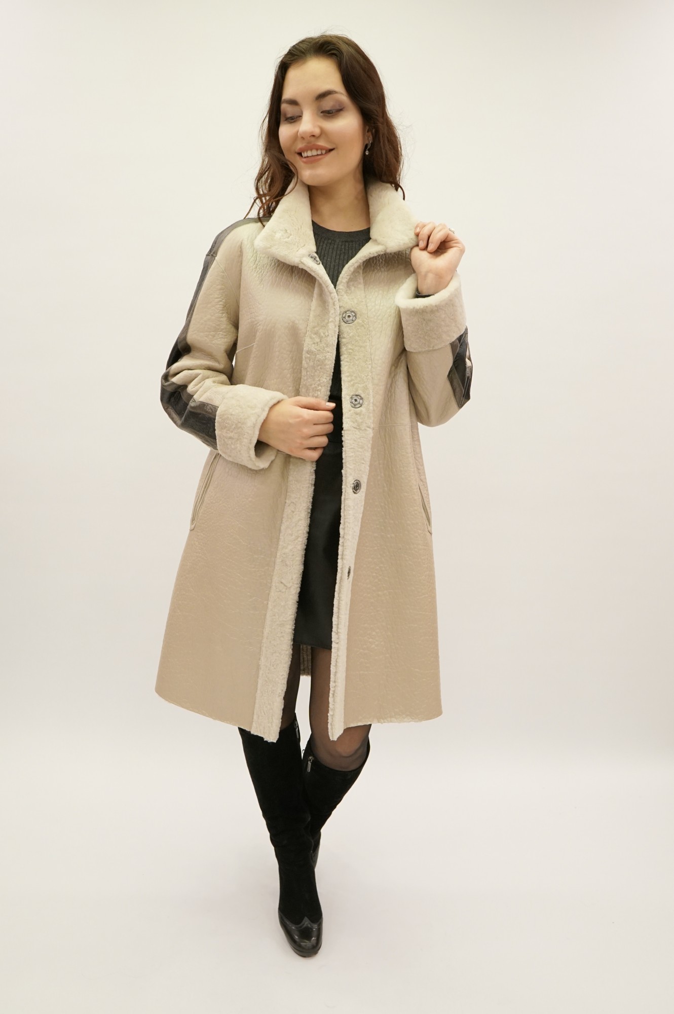 Дублёнка двусторонняя модель том-кёрли с покрытием, стойка воротник и манжеты Rex