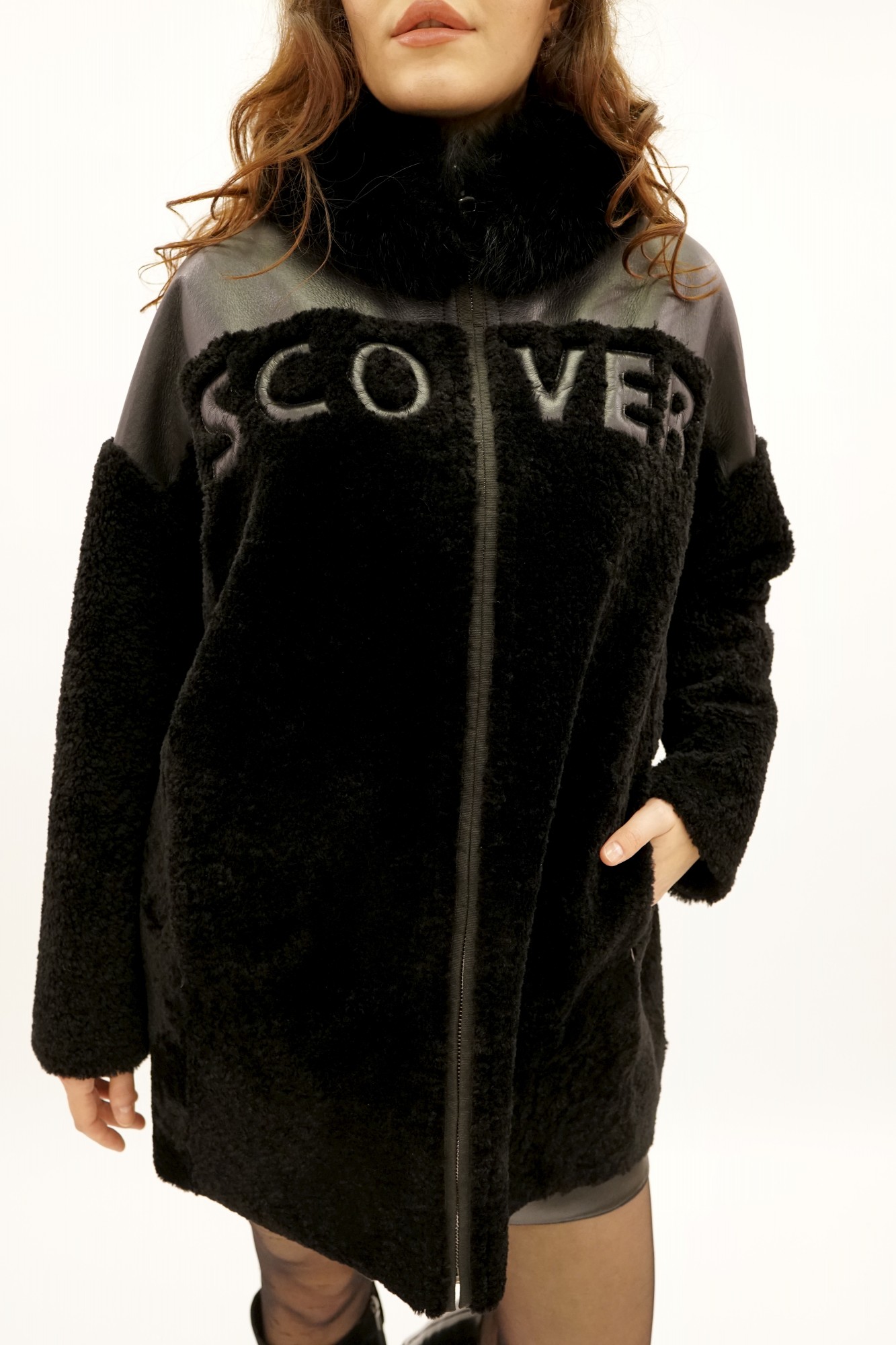 Tom curly sheepskin coat with silk cover (double-sided possible), stand-up collar Arctic fox