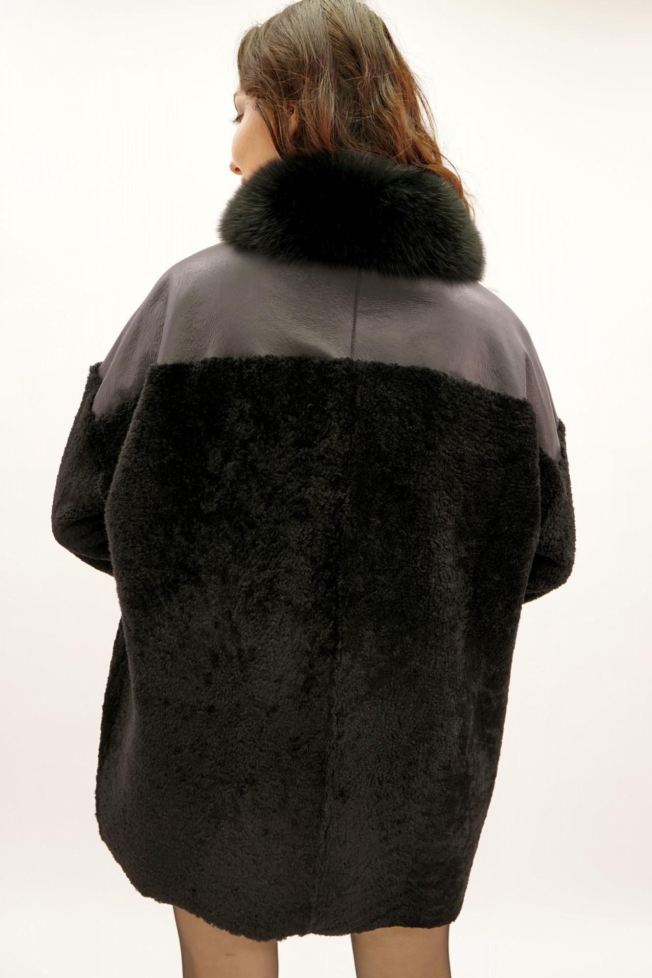 Tom curly sheepskin coat with silk cover (double-sided possible), stand-up collar Arctic fox