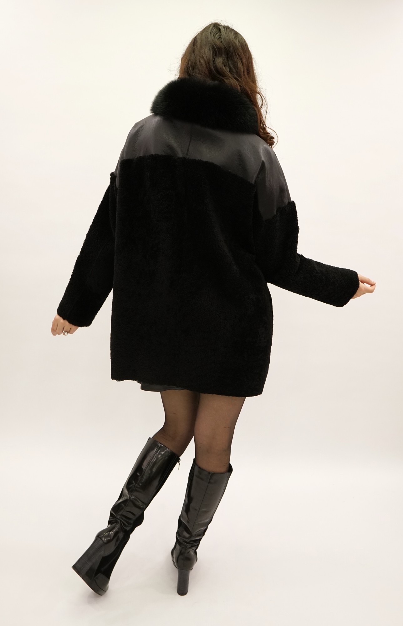 Tom curly sheepskin coat with silk cover (double-sided possible), stand-up collar Arctic fox