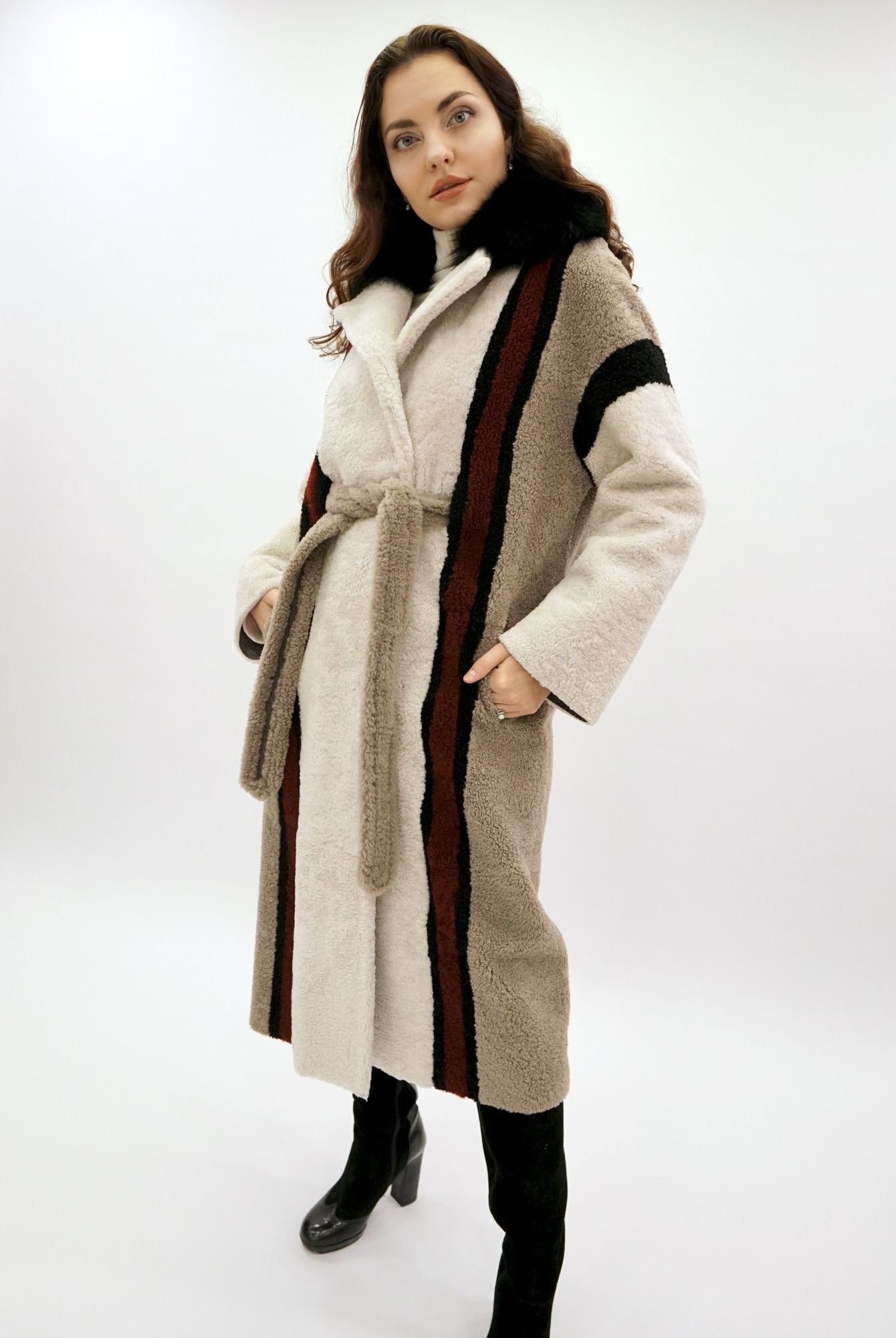 Дублёнка том-кёрли с покрытием, воротник английский песец