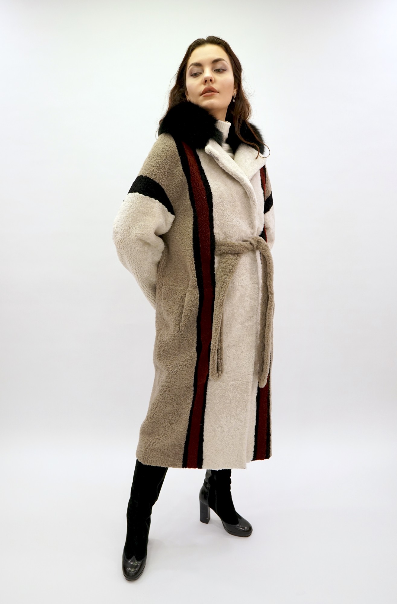 Дублёнка том-кёрли с покрытием, воротник английский песец