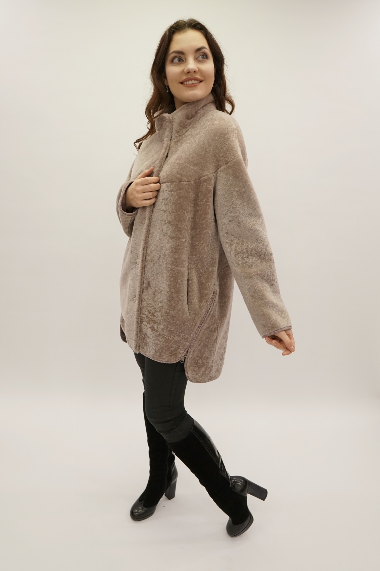 Astragan reversible coated model, stand-up collar