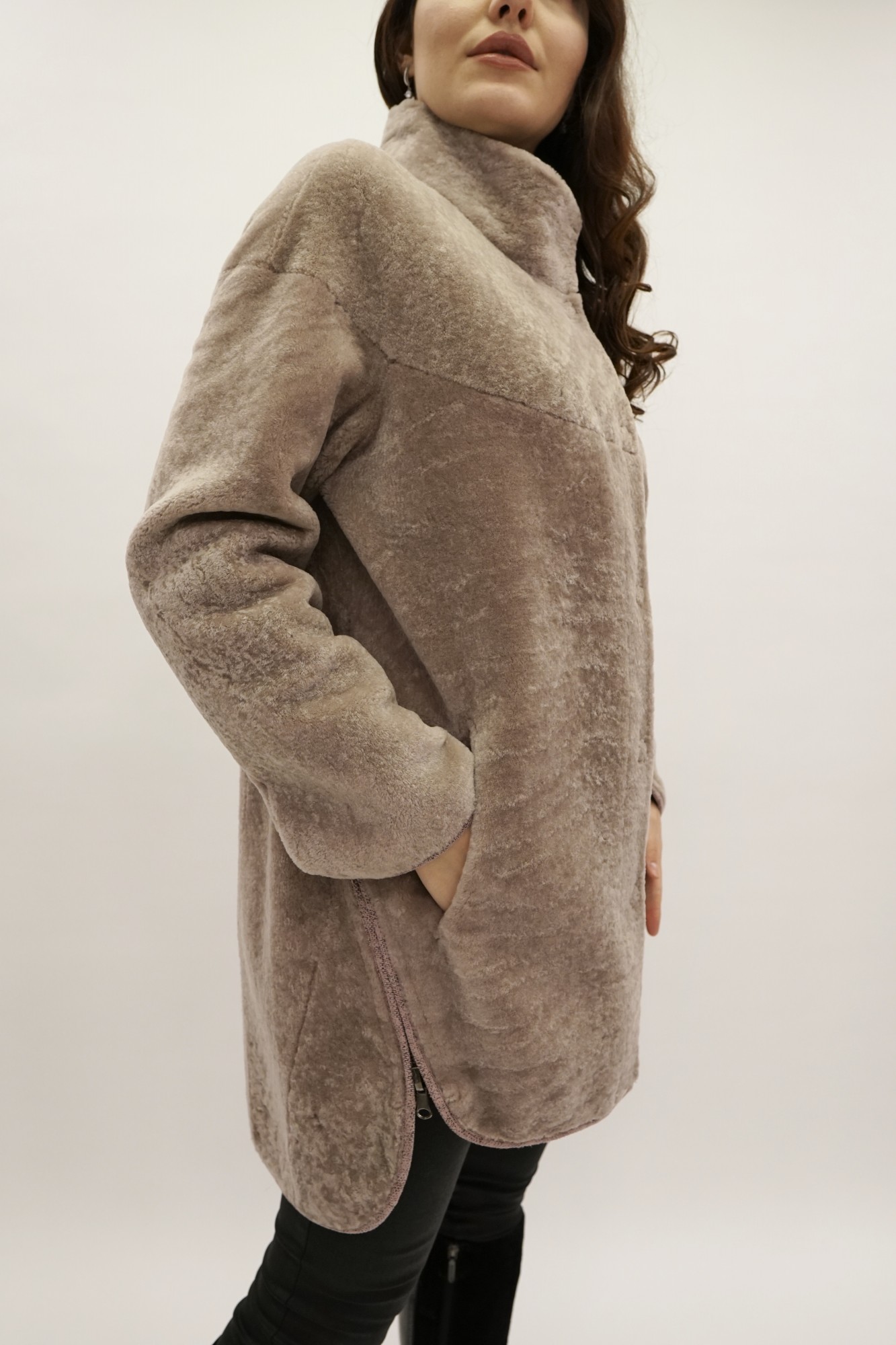 Astragan reversible coated model, stand-up collar