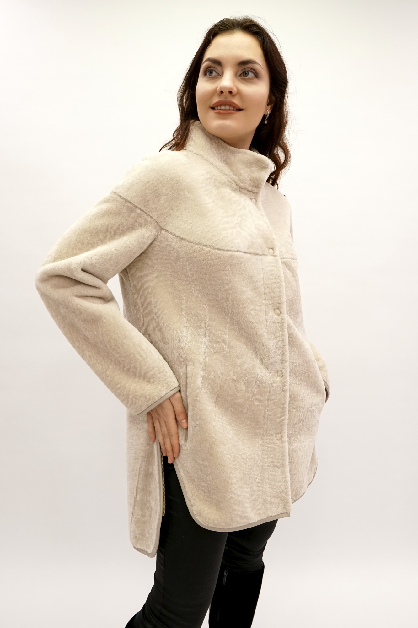 Astragan reversible coated model, stand-up collar