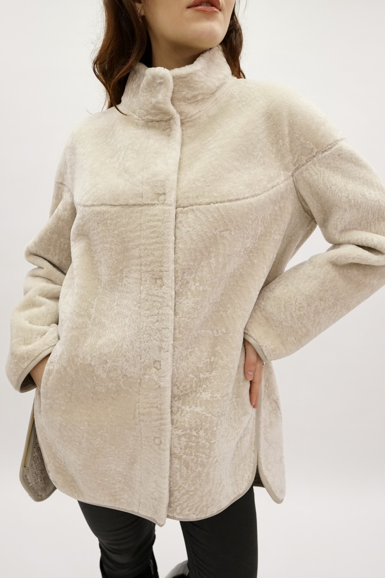 Astragan reversible coated model, stand-up collar