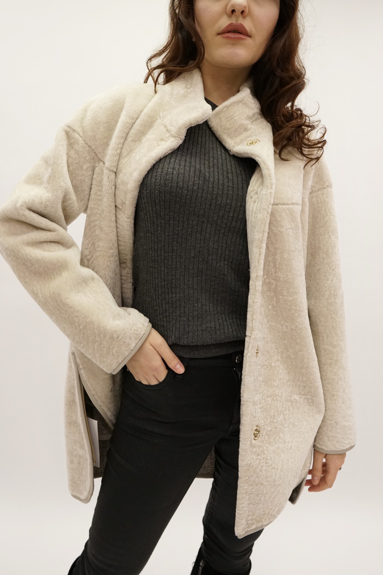 Astragan reversible coated model, stand-up collar