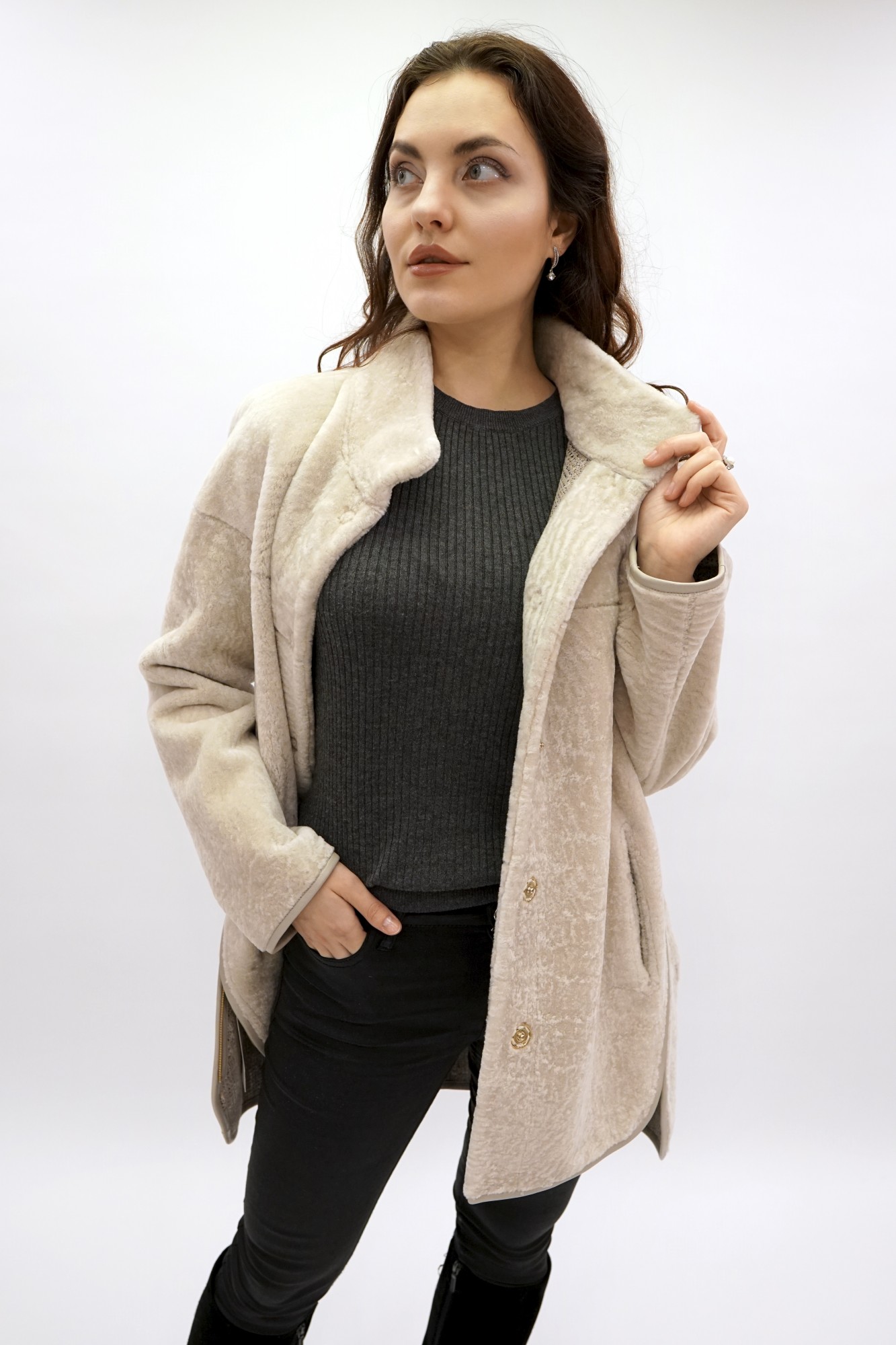 Astragan reversible coated model, stand-up collar