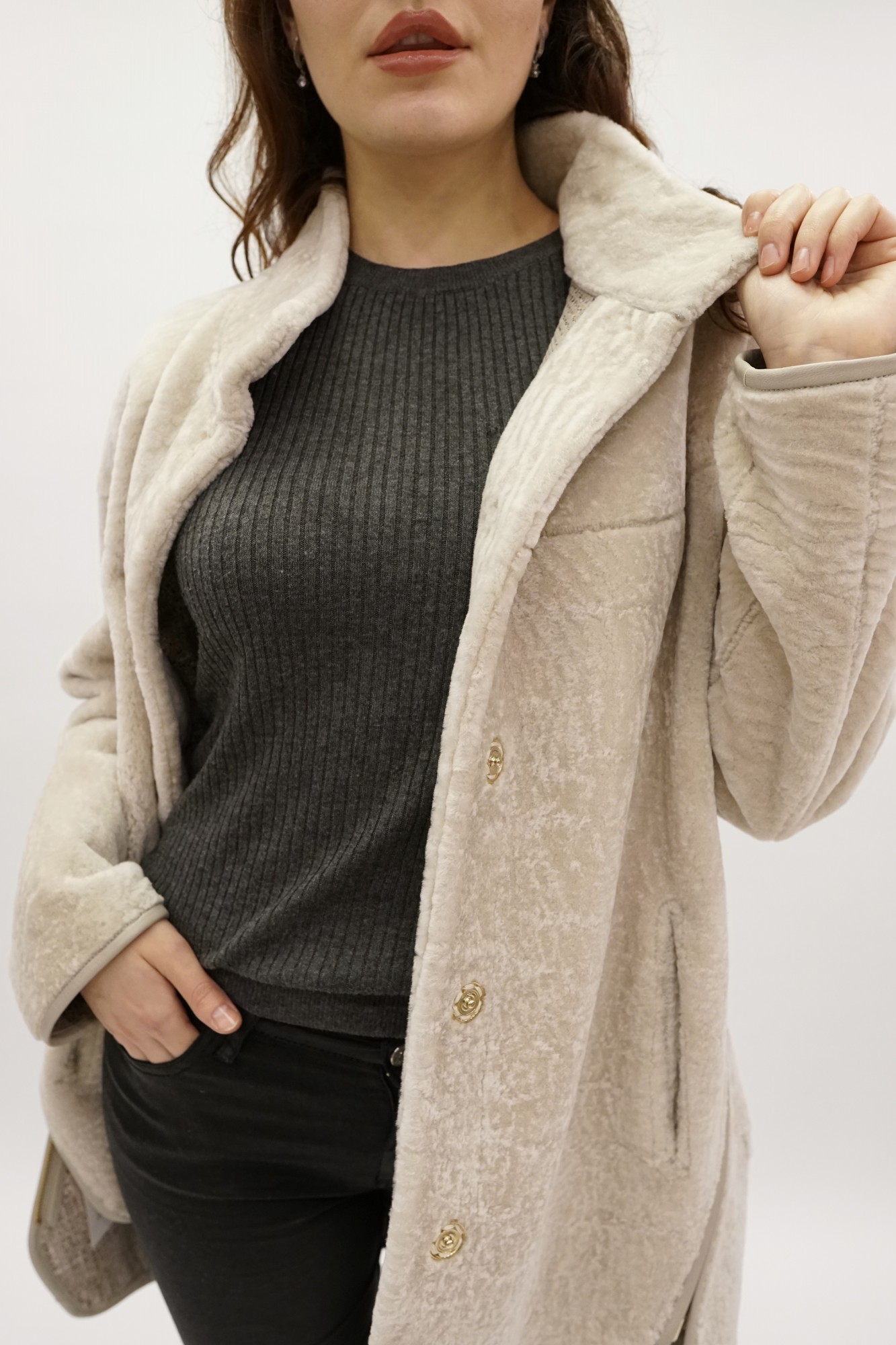 Astragan reversible coated model, stand-up collar