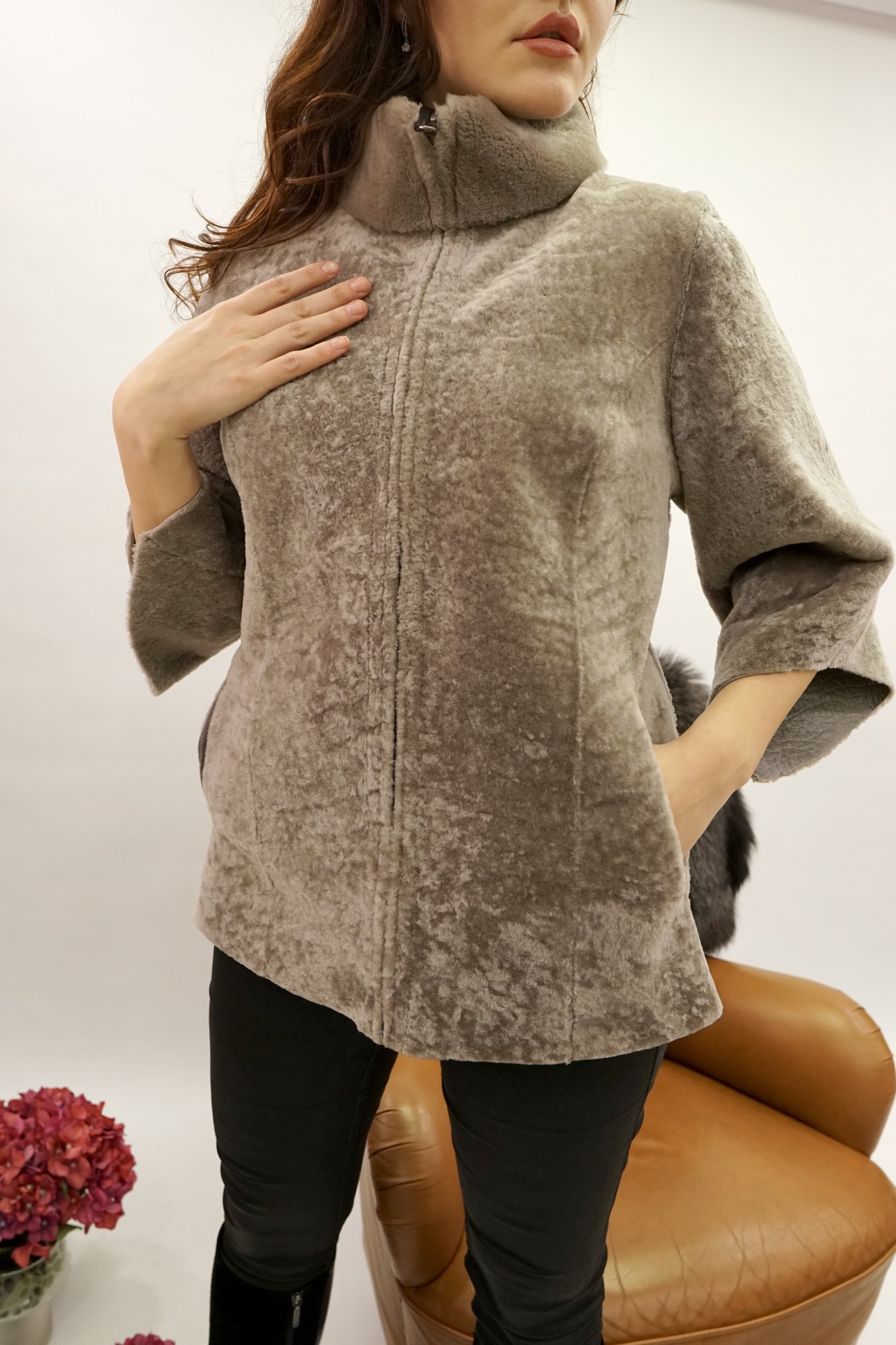 Astragan reversible coated model, stand-up collar muton