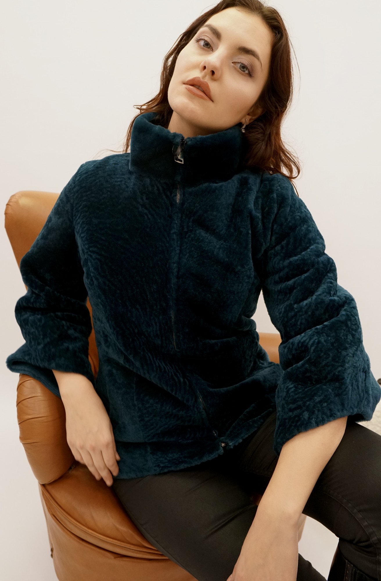 Astragan reversible coated model, stand-up collar muton