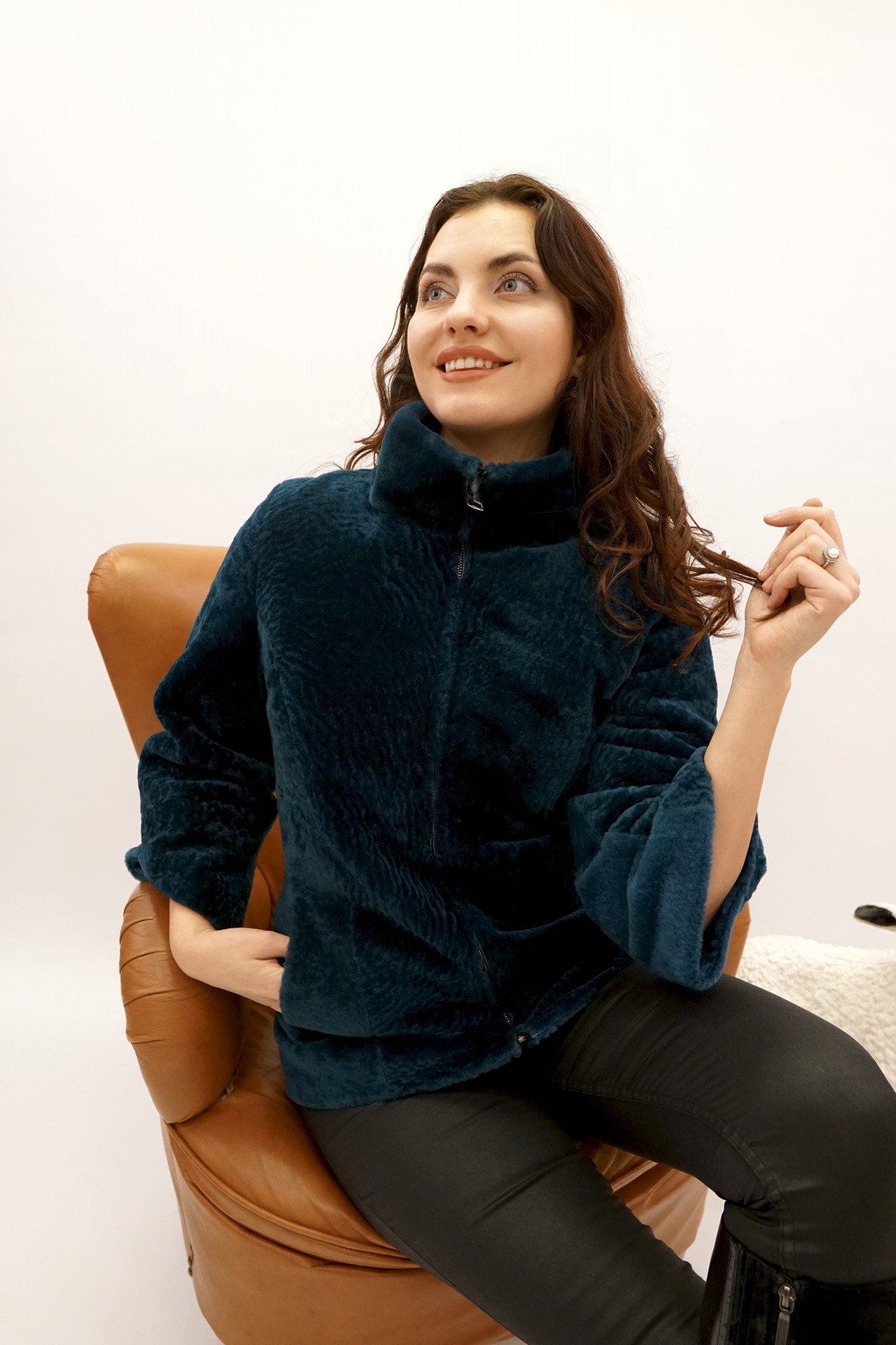 Astragan reversible coated model, stand-up collar muton