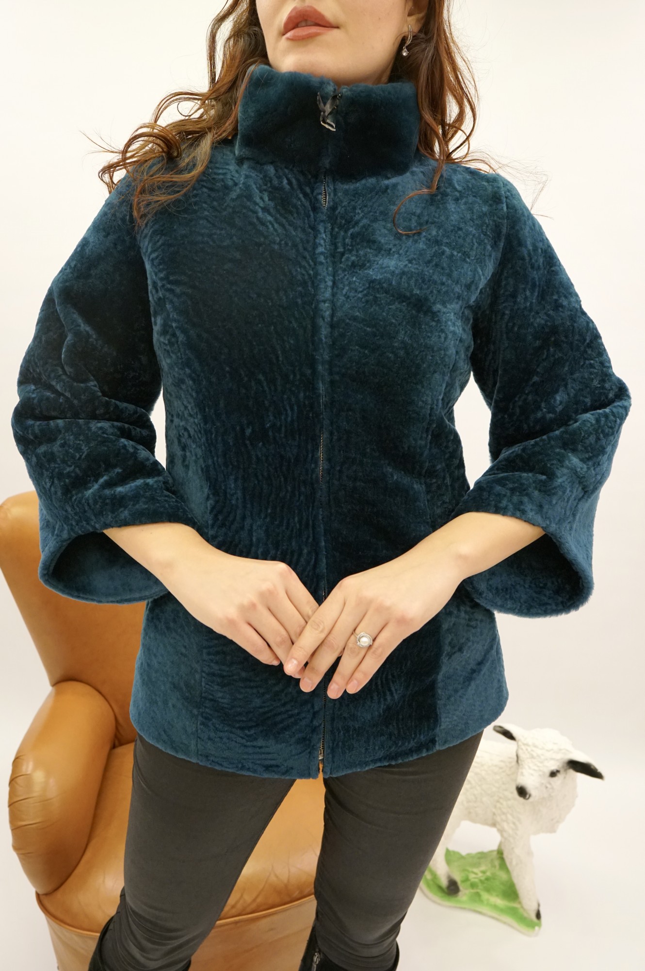 Astragan reversible coated model, stand-up collar muton