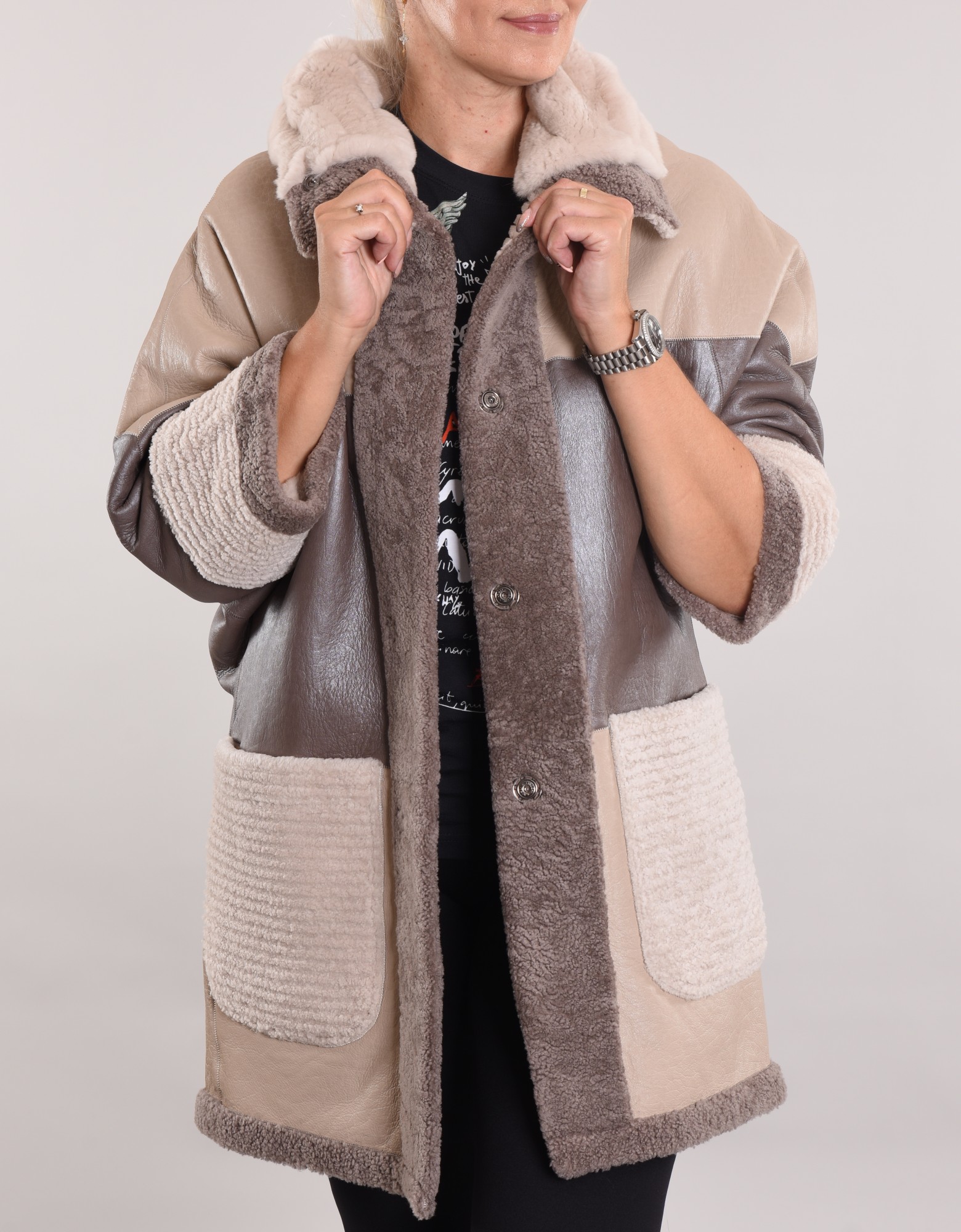 Дублёнка двусторонняя том-кёрли, стойка воротник и на рукавах Rex