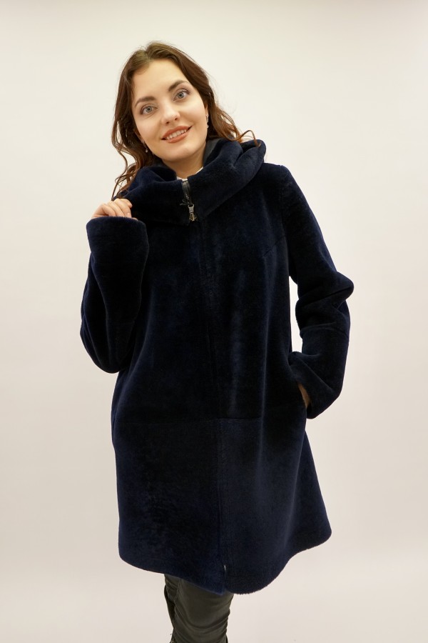 Дублёнка двусторонняя Испанский меринос с покрытием и капюшоном oversize