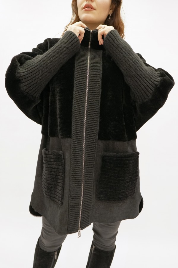Sheepskin coat Spanish Mirinos coated, cuffs jersey. Oversize